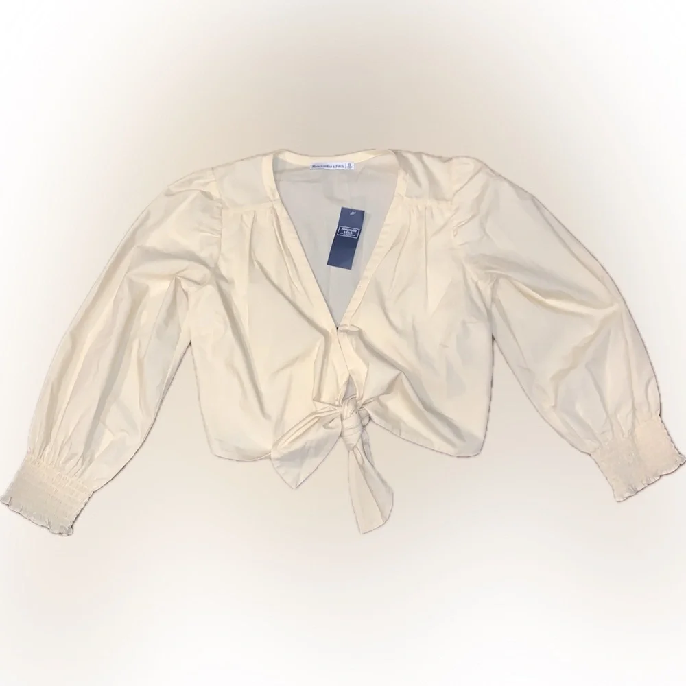Abercrombie & Fitch Butter Yellow Peasant Sleeve Tie Front Cropped Top Shirt XS